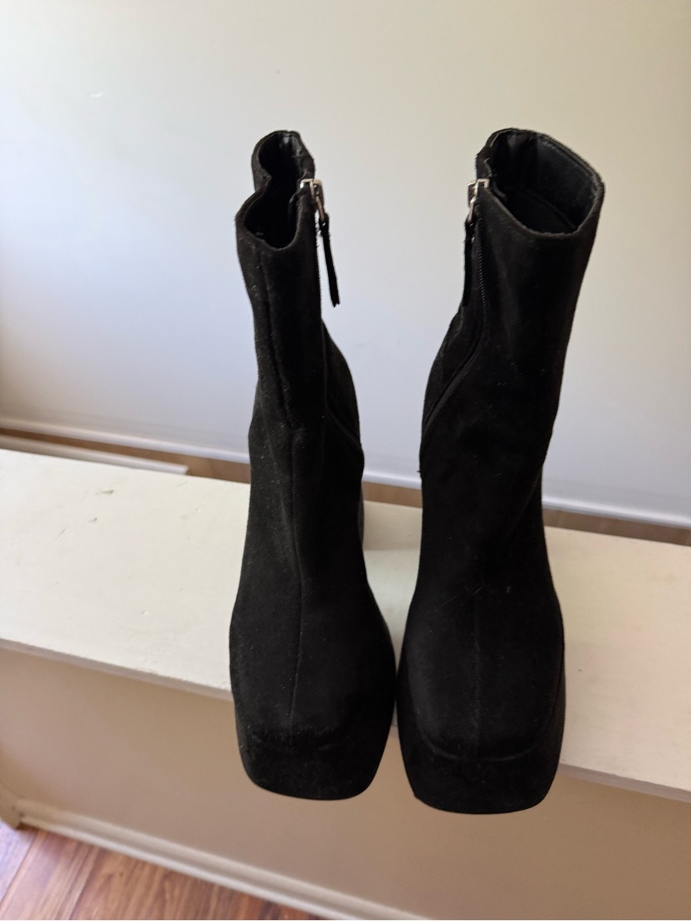 Black Platform Ankle Boots - Women's Suede Stretch